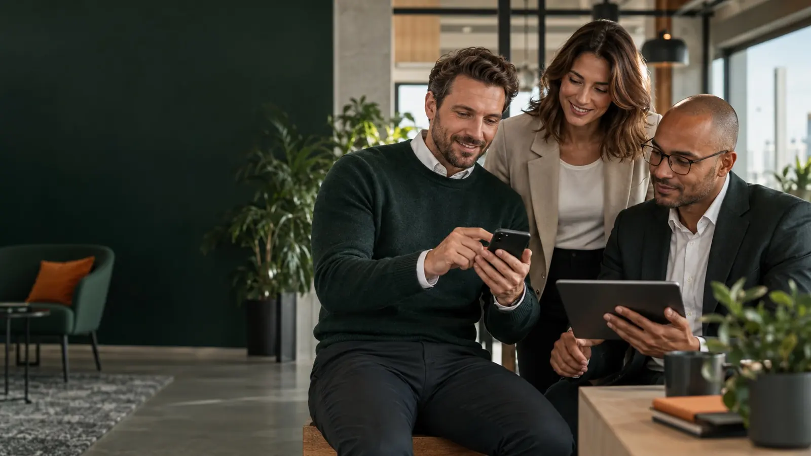 Freundliches Business-Team prüft die mobile Datennutzung auf Smartphone und Tablet