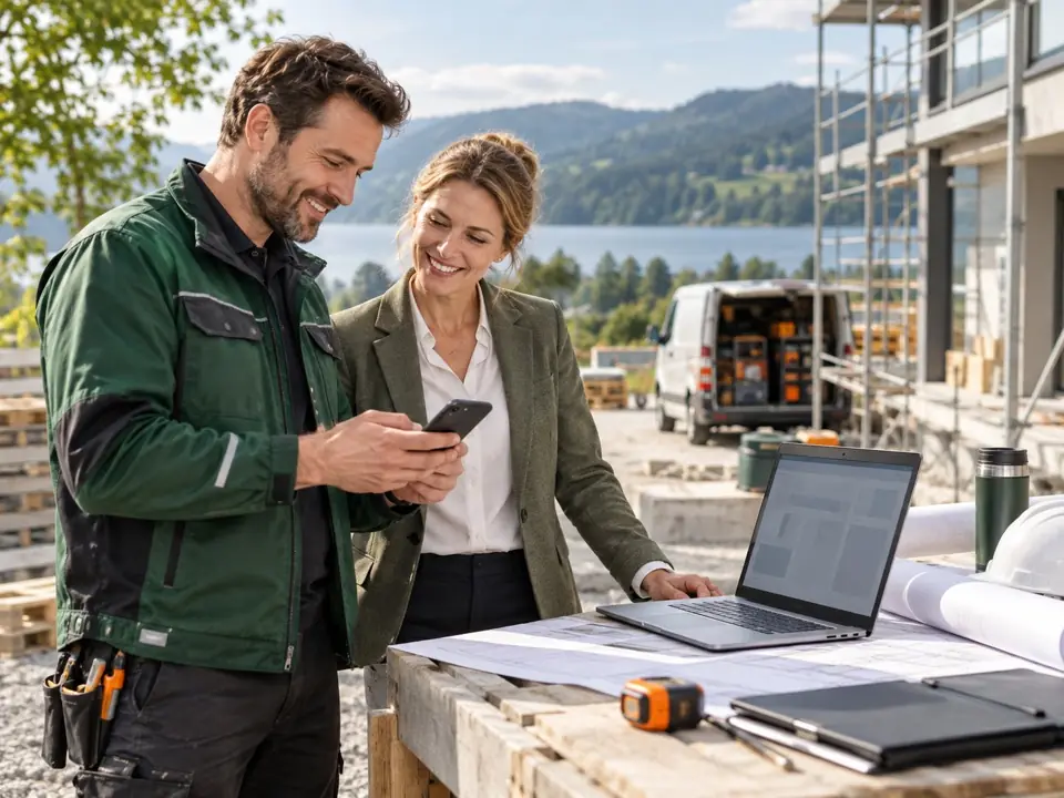 Außendienst und Projektleitung nutzen mobiles Internet gemeinsam an einem Kundenstandort
