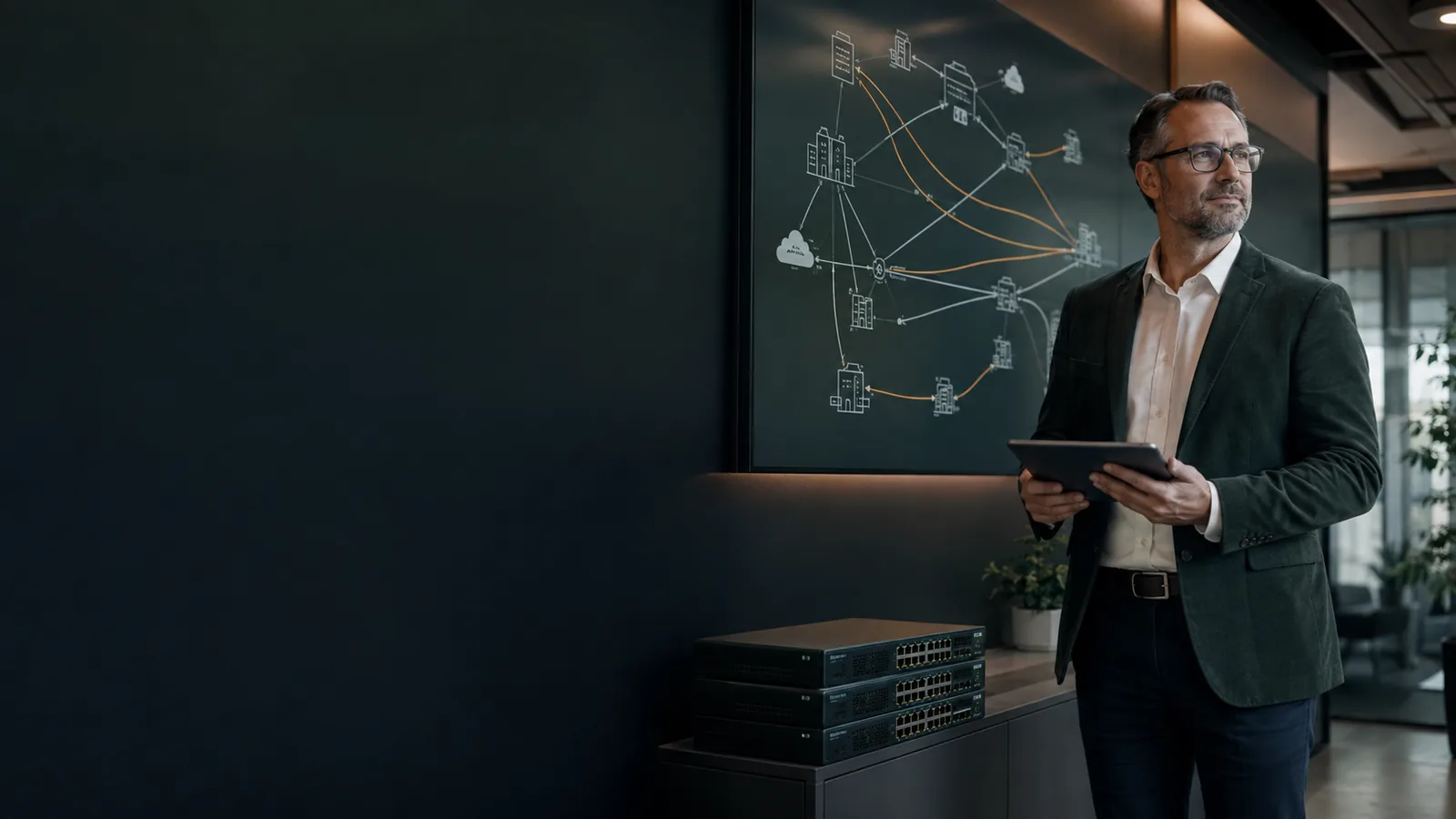 IT-Verantwortlicher vor einer visualisierten Standortvernetzung mit redundanten Datenwegen