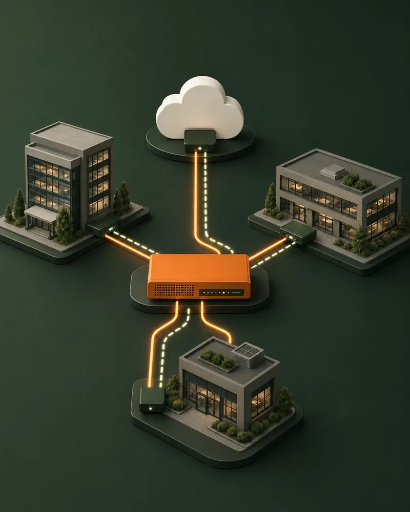 Zentral gesteuerte SD-WAN-Struktur mit mehreren Unternehmensstandorten, Cloud-Anbindung und redundanten Datenwegen