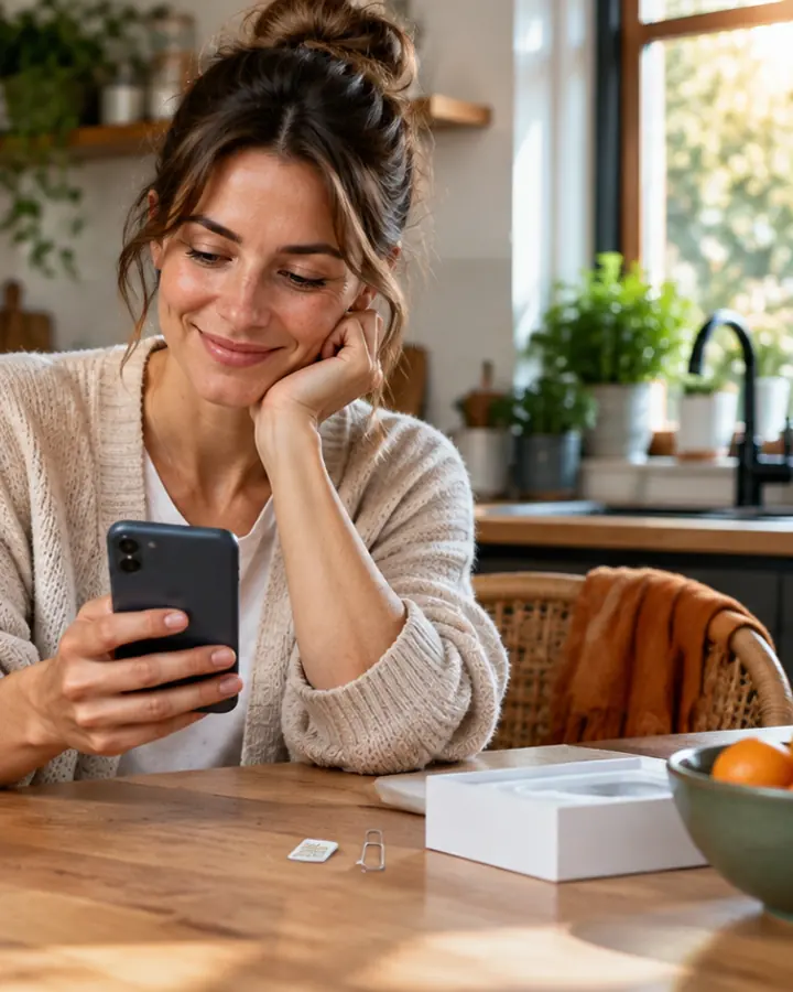 Frau vergleicht einen SIM-only-Tarif auf ihrem Smartphone
