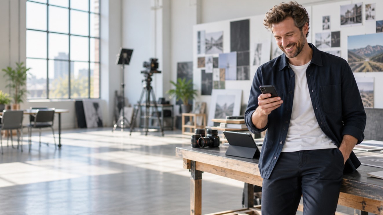 Vodafone Business Prime L für datenintensive mobile Arbeit Lächelnder Kreativdirektor koordiniert ein Projekt mit Tablet und Kamera in einem modernen Studio