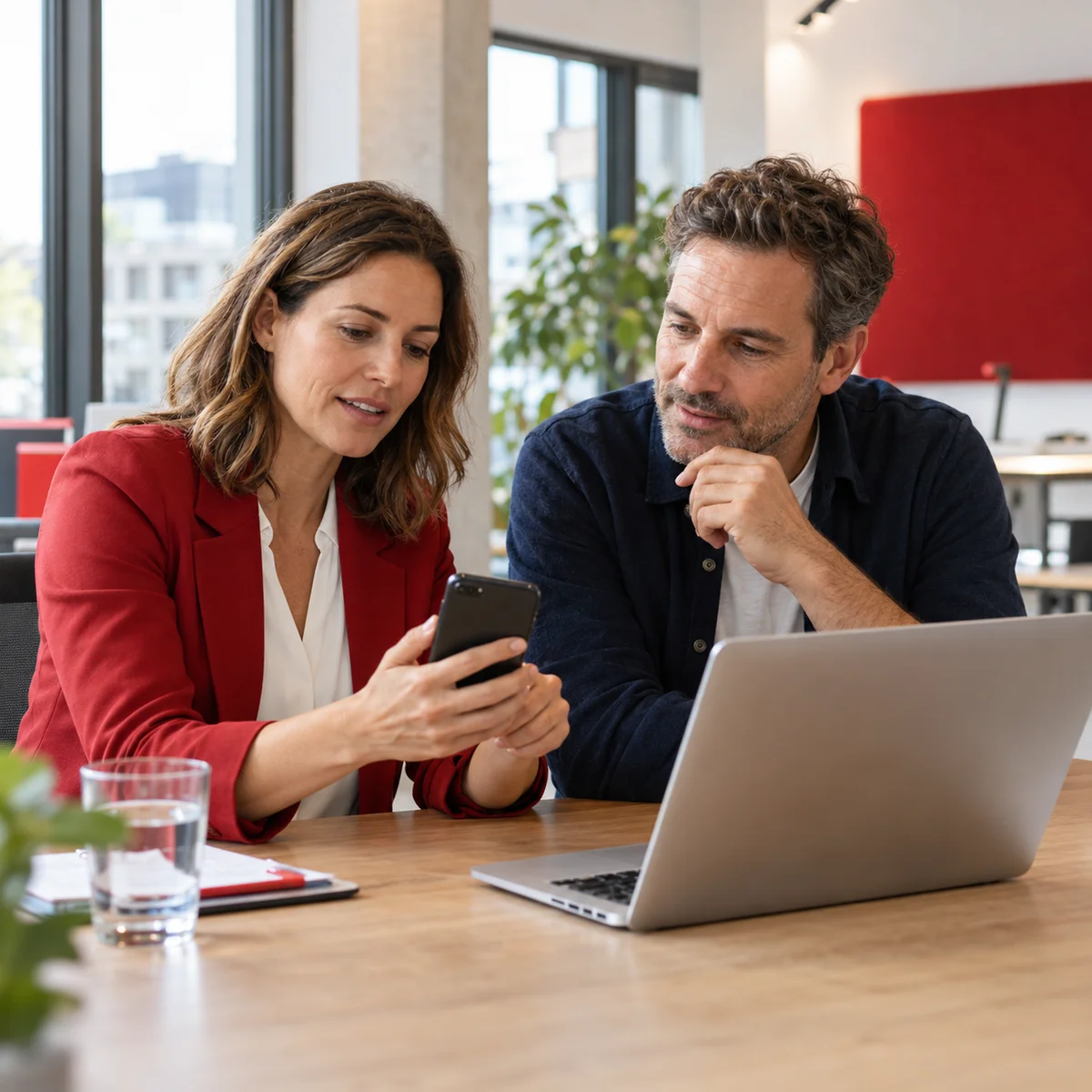 Zwei Berufstätige besprechen am Smartphone und Laptop ihre Arbeit im Büro