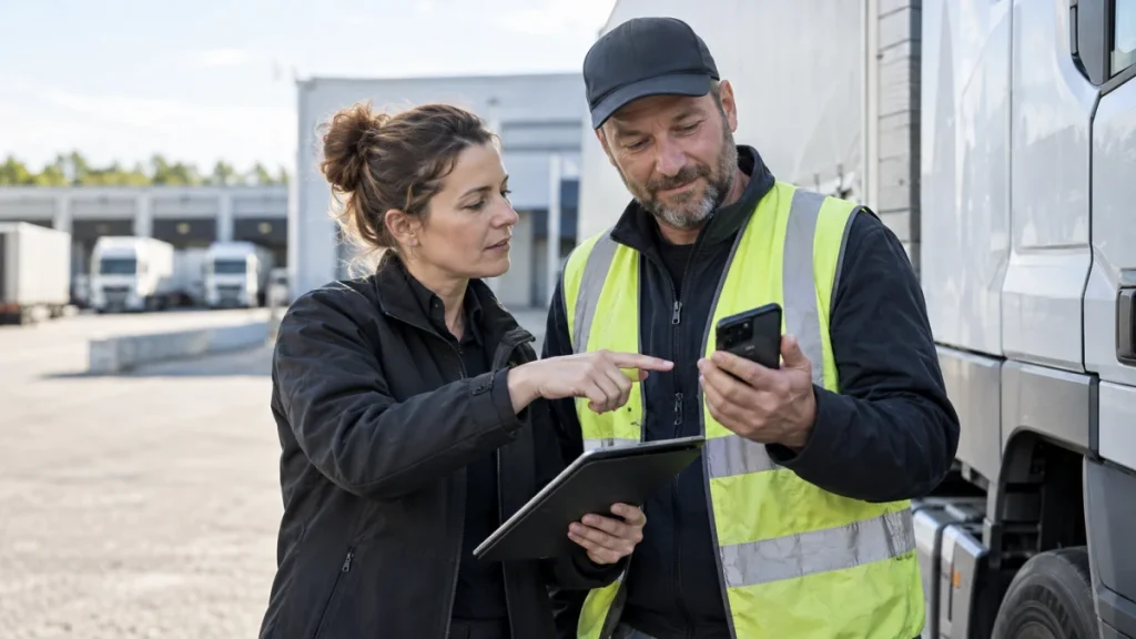 Disposition und Fahrer besprechen Mobilfunk an einem geparkten Lkw Disposition und Fahrer besprechen Mobilfunk an einem geparkten Lkw