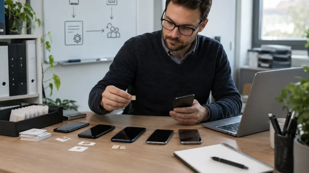 IT-Verantwortlicher ordnet Firmenhandys und SIM-Karten zu IT-Verantwortlicher ordnet Firmenhandys und SIM-Karten zu