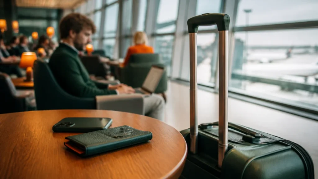 Roaming-Bedingungen und Datenvolumen vor Geschäftsreisen prüfen. Smartphone und Business-Trolley in einer Flughafenlounge