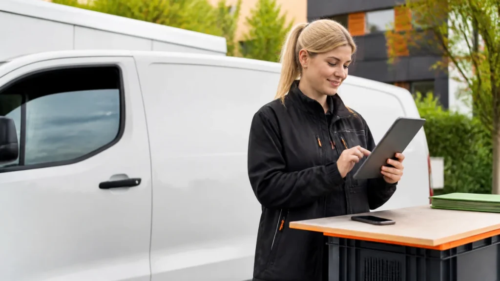 Außendienstlerin arbeitet neben einem geparkten Transporter auf einem Tablet Außendienstlerin arbeitet neben einem geparkten Transporter auf einem Tablet