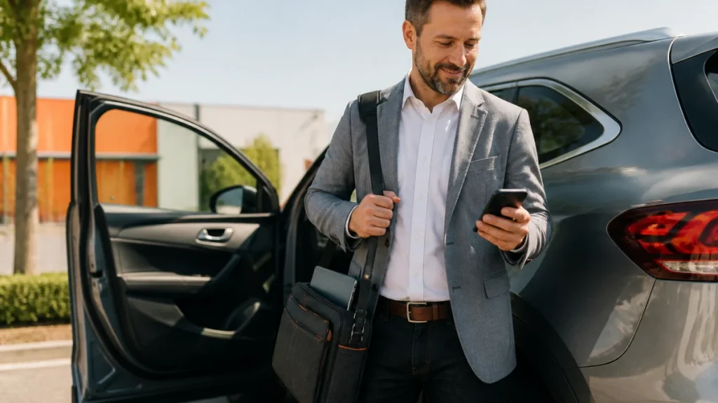 Außendienstmitarbeiter prüft neben einem geparkten Fahrzeug einen Termin auf dem Smartphone Außendienstmitarbeiter prüft neben einem geparkten Fahrzeug einen Termin auf dem Smartphone
