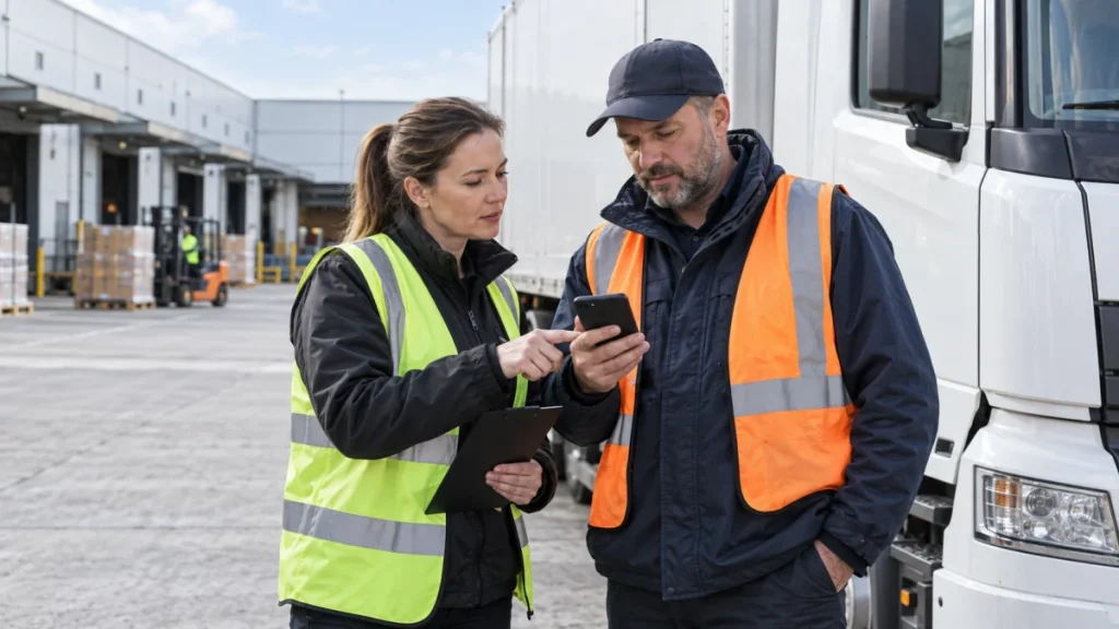 Disponentin und Lkw-Fahrer stimmen sich am Smartphone ab Disponentin und Lkw-Fahrer stimmen sich am Smartphone ab