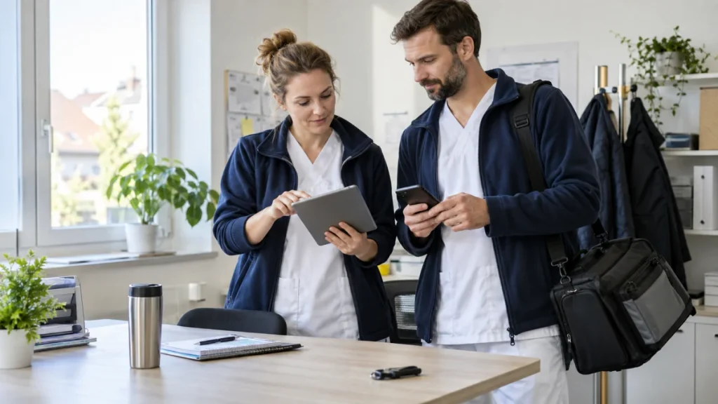 Zwei Pflegekräfte planen Touren mit Diensthandy und Tablet Zwei Pflegekräfte planen Touren mit Diensthandy und Tablet